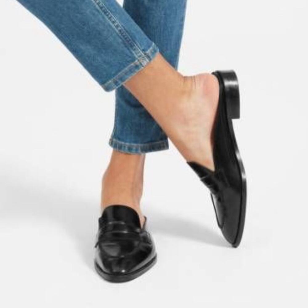 Everlane Black Leather Backless Loafers Mules